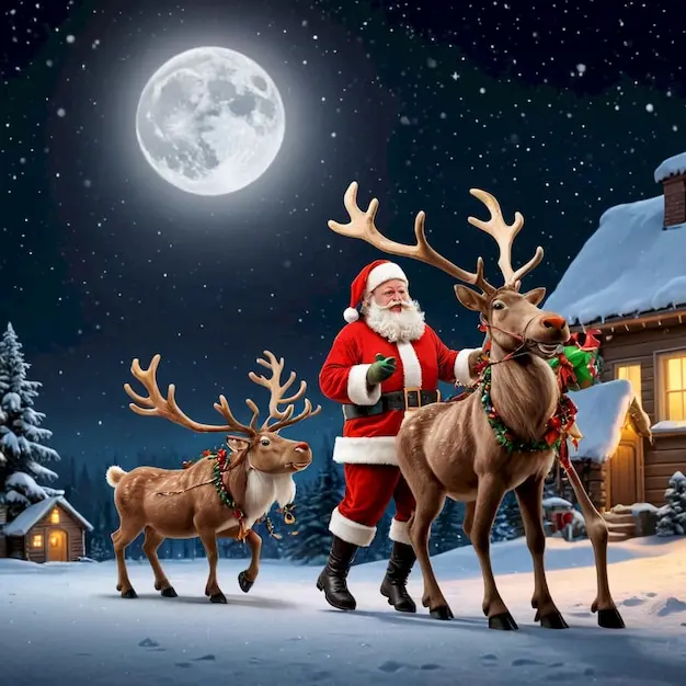 A Christmas Scene With A Santa And Reindeer With A Full Moony - Xmas Poster, Christian Wall Art, Christmas Decor.Poster Xmas Wall Decor - No Frame