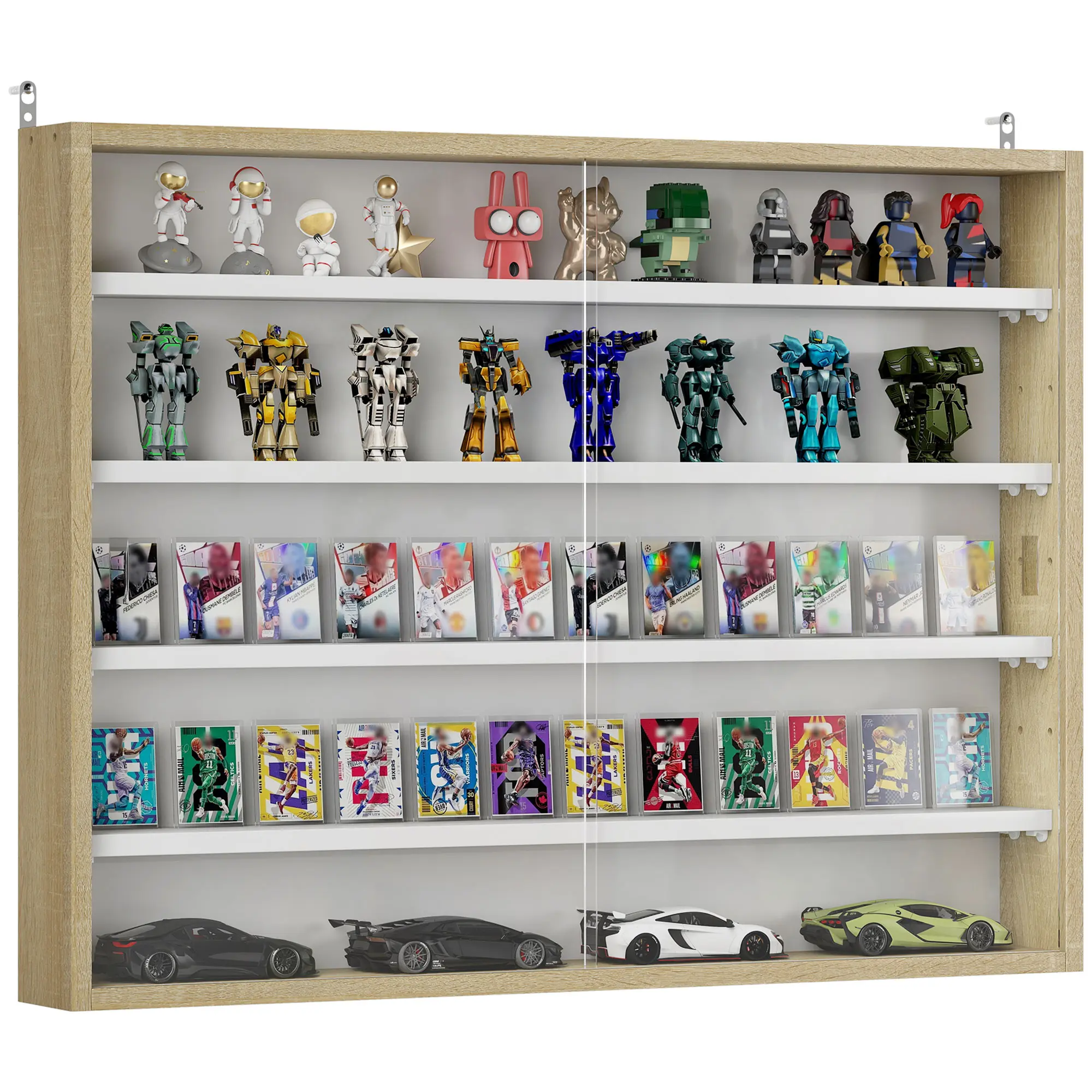 5-Tier Wall-Mounted Display Cabinet – 2 Glass Doors & 4 Adjustable Shelves with 7 Height Options. Transparent Glass for Clear View. Perfect for Collectibles, Perfume, Figurines & Medals. Oak & White