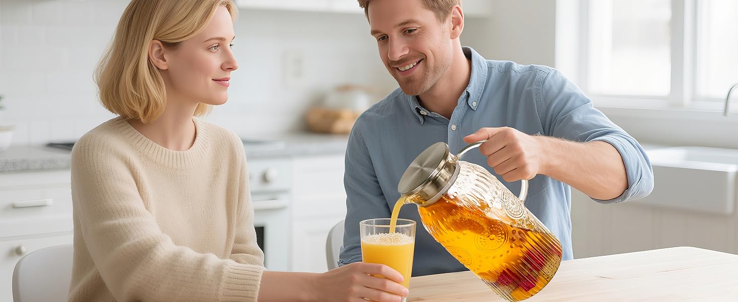 Glass Pitcher with Lid, 68 oz/ 2 Liter 2Pack Vintage Water Pitcher,Glass Water Carafe for Cold Brew, Coffee, Lemonade, Iced Tea,Beverage, Heat Resistant Jug