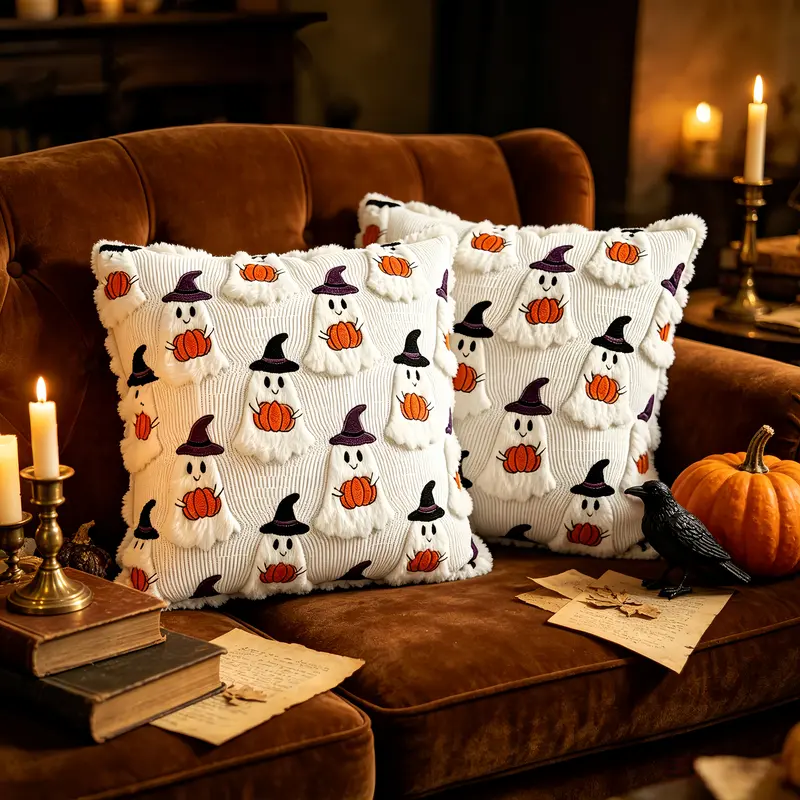 Whimsical Halloween Polyester Throw Pillow Covers - 18x18 in Set of 2, Ghost Pumpkin Witch Hat Designs, Whimsical Home Decor, Ghost Decor, Couch Cushion Cover for Couches and Sofas, Decorating Accent (Pillows Not Included)