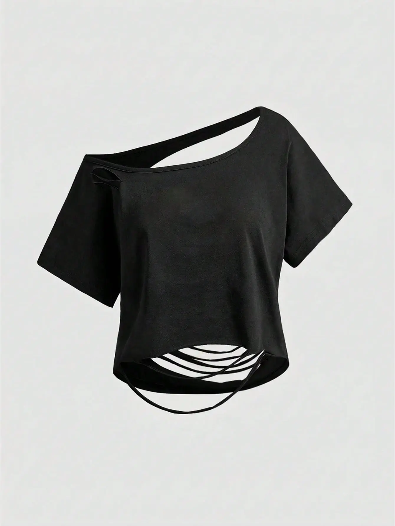 LALUZ Grunge Punk Metal Rivet Decor Distressed Cutout Loose Cropped T-Shirt Goth Y2K Cropped Top Edgy Grunge Aesthetic Streetwear For Women Girls