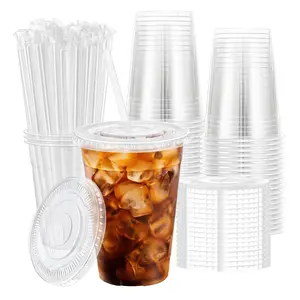 Disposable 16oz Plastic Cup with Lid & Straw, 25pcs Disposable Tableware Drinking Cup Set for Cold Drink, Ice Coffee, Smoothie, Party, Daily Use, Clear Plastic Dessert Cups, Pop Cups, Party Supplies