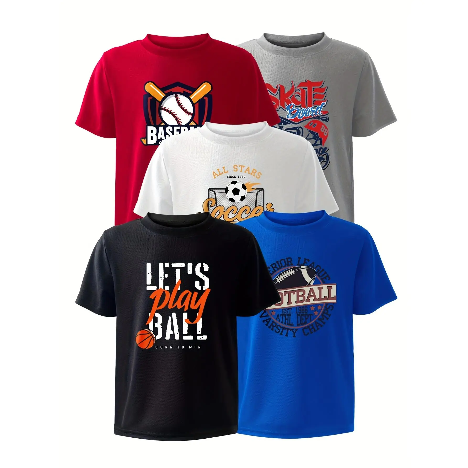 5pcs Boys Multi-color Ball Printed Short-sleeved T-shirt Children's Short-sleeved T-shirt Medium and Large Children's Small Square Mesh Quick-drying T-shirt Leisure Sports Breathable Basketball Soccer Football Baseball Rugby Team Clothing