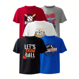 5pcs Boys Multi-color Ball Printed Short-sleeved T-shirt Children's Short-sleeved T-shirt Medium and Large Children's Small Square Mesh Quick-drying T-shirt Leisure Sports Breathable Basketball Soccer Football Baseball Rugby Team Clothing,summervibes