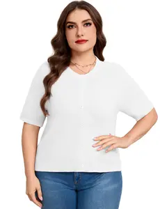 Plus Size Women's Knit Cardigan - Short Sleeve, Lightweight, Button Down, Crew Neck, Open Front Shrug Sweater, Light Beige, XL