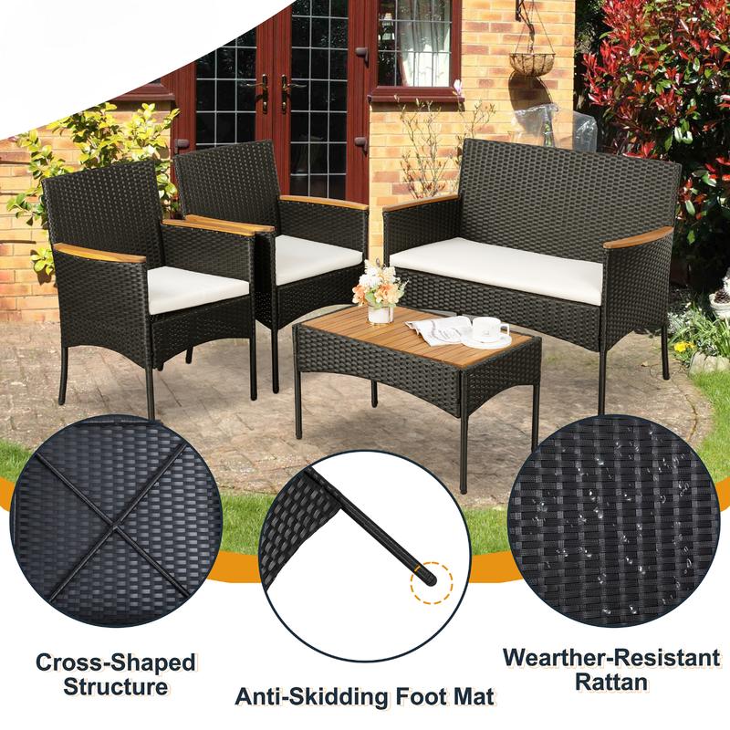 Walsunny 4-Piece Patio Furniture Set, Outdoor Wicker Patio Set with Cushions and Wooden Table for Lawn Backyard, White Rustic Dining Compact