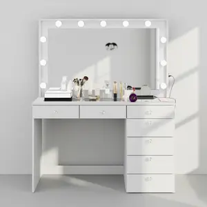 Véra Luxe Vanity Desk with Built-in LED Mirror, Glass Top, 7 Drawers, USB Ports, and Power Outlet for Makeup, Skincare, and Hairstyling