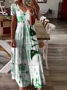 Elegant Plus Size Women's Tie-Dye Long Dress, Loose Fit V-Neck Short Sleeve, Casual Artistic Style, Perfect for Vacation & Daily Wear, Womenswear