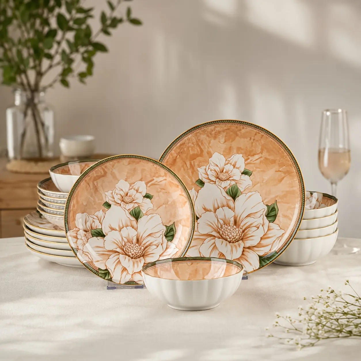 18/24-Piece Ceramic Dinnerware Set for 6/8, Plates and Bowls Set, Ceramic Dish Set, Kitchen Tableware Set, Microwave Dishwasher Oven Safe, Dinner Set for Home, Restaurant and Hotel Use Plates