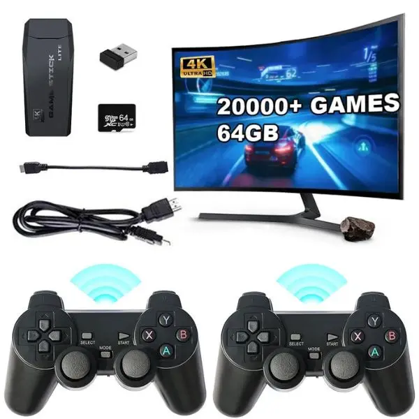ZAN STICK M8 2.4G Wireless Controllers External Game Stick 64GB Built-in Storage for TV with 20000+ Games & Dual Controllers