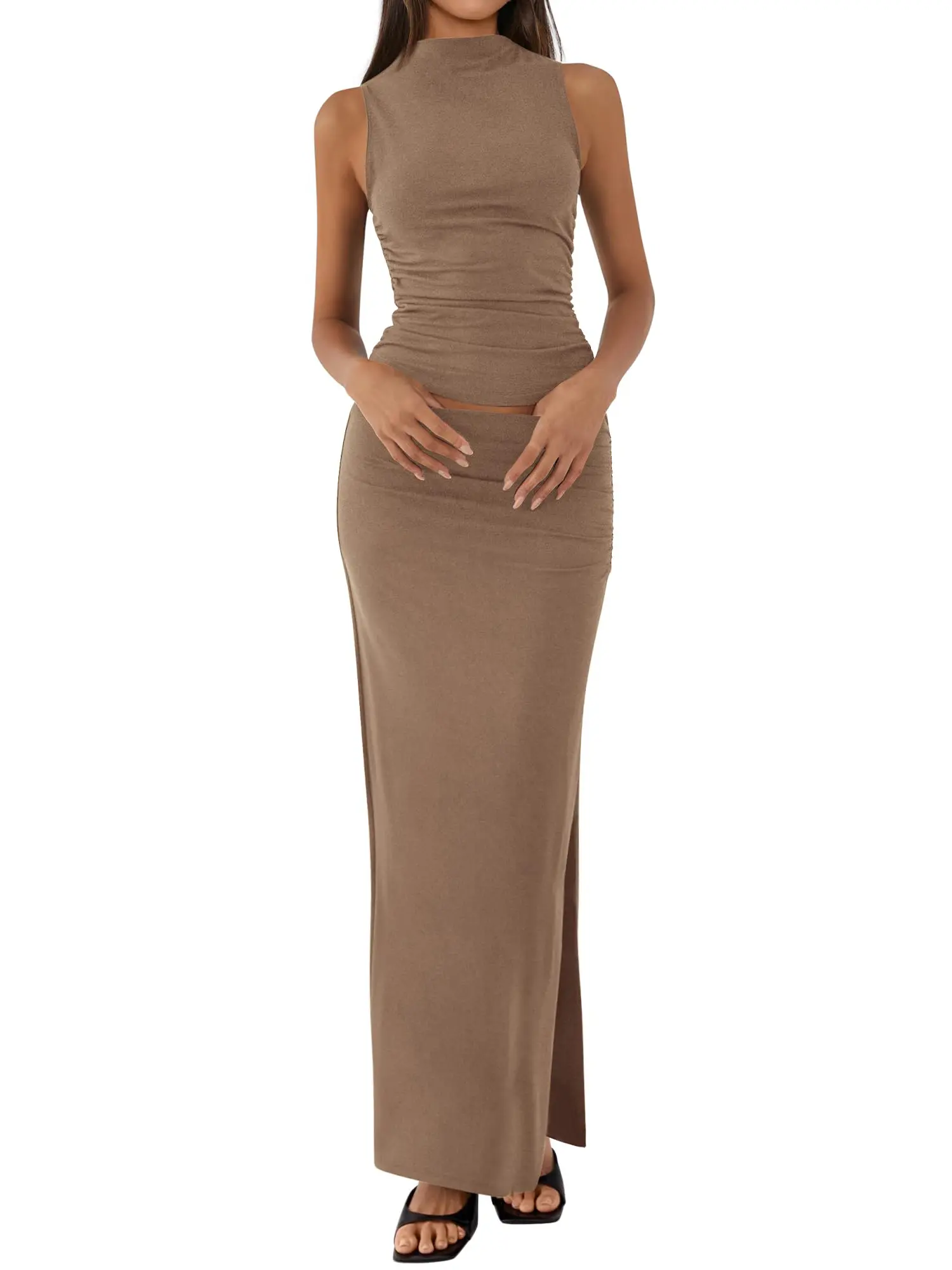 BTFBM Womens Two-Piece Outfits Summer Lightweight 2026 Mock Neck Sleeveless Knit Tops Maxi Skirt Set Going Out Dress