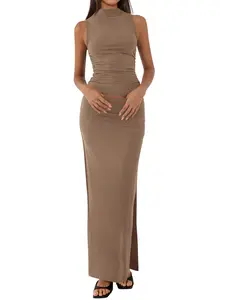 BTFBM Womens Two-Piece Outfits Summer Lightweight 2026 Mock Neck Sleeveless Knit Tops Maxi Skirt Set Going Out Dress