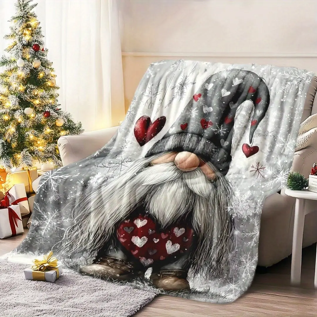 Whimsical Festive Christmas Gnome Flannel Blanket - Polyester, All-Season, Machine Washable, Multi-Purpose, Home/Travel Use, Digital Mixed Color Print, 1pc Bedding Throw, Mixed Colors