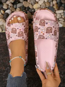 Women's Summer Thick Sole Non-Slip Comfort Slippers, Outdoor Casual Cool Star Bear Printed Sandals, Fashionable Silent Bathroom Shoes, Soft Slippers
