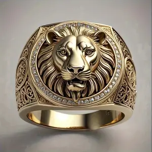 Unisex Cubic Zirconia Lion King Ring, Fashion Costume Jewelry Gold-Tone Statement Ring, Cubic Zirconia Rings, Gold-Tone Statement Rings