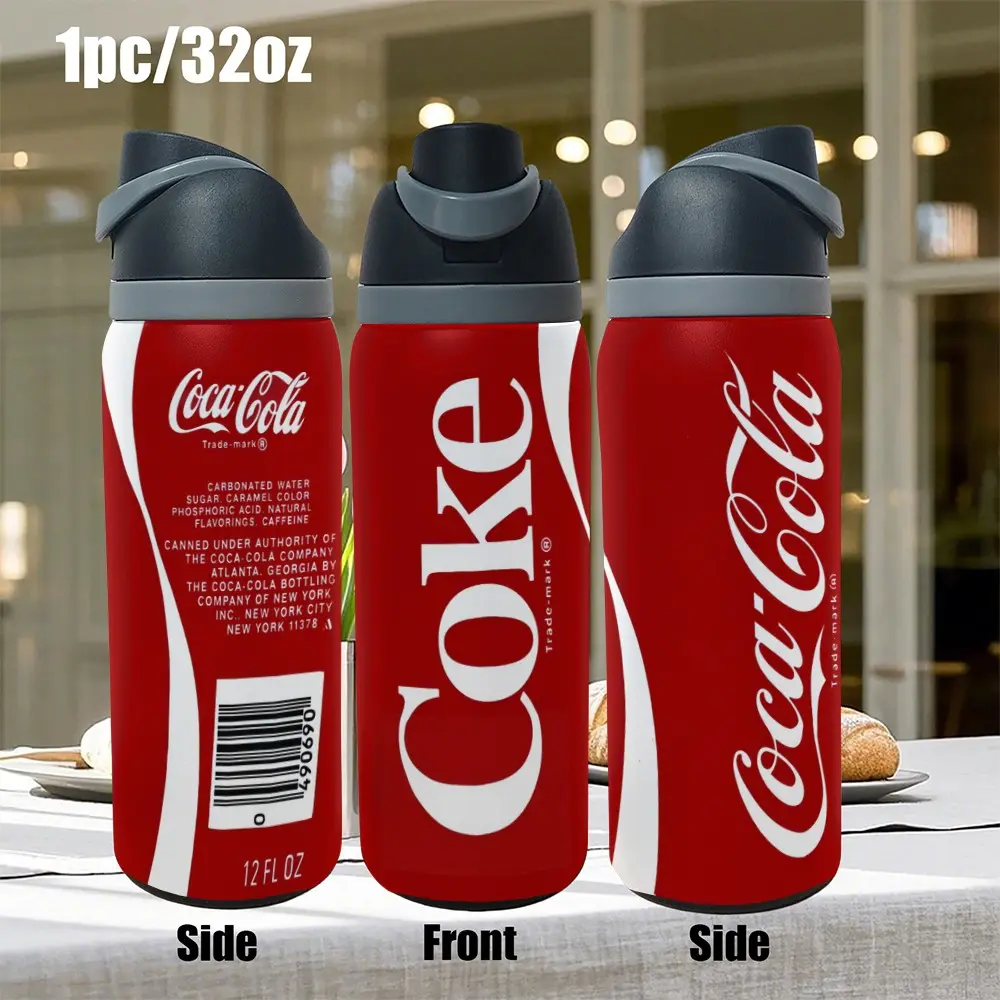 1pc 32oz Stainless Steel Thermos Mug, featuring details reminiscent of a Coca-Cola can/classic Coca-Cola logo, portable handle and spout, suitable for outdoor, indoor, and gym use, a personalized birthday/holiday gift, Insulated Drinkware