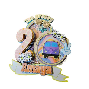 Two Groovy Cake Topper Shaker With Groovy Bus, Name, and Age