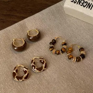 Vintage Oil Drip Gold Plated Hoop Earrings, Earring Stacking Set, Fashionable Beaded Decor Jewelry for Women, Trendy All-match & Exquisite Jewelry for Birthday Gift, Gifts for Wife, Girl Accessories, Hoop Earring Sets, Dainty Fashion Jewelry