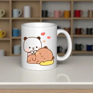 Cute Bubu & Dudu Insulated Ceramic Mug with Non-Slip Base - Adorable Blushing Bear & Hearts Design, Reusable Tea Cup Suitable for Hot/Cold Drinks