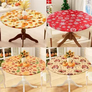 15-day Delivery Round Fitted Christmas Tablecloth with Elastic Edge, 100% Waterproof Oil Proof Table Cover, Vinyl Flannel Backed Tablecloth Fits 36"-44" Round Tables for Christmas Dinner