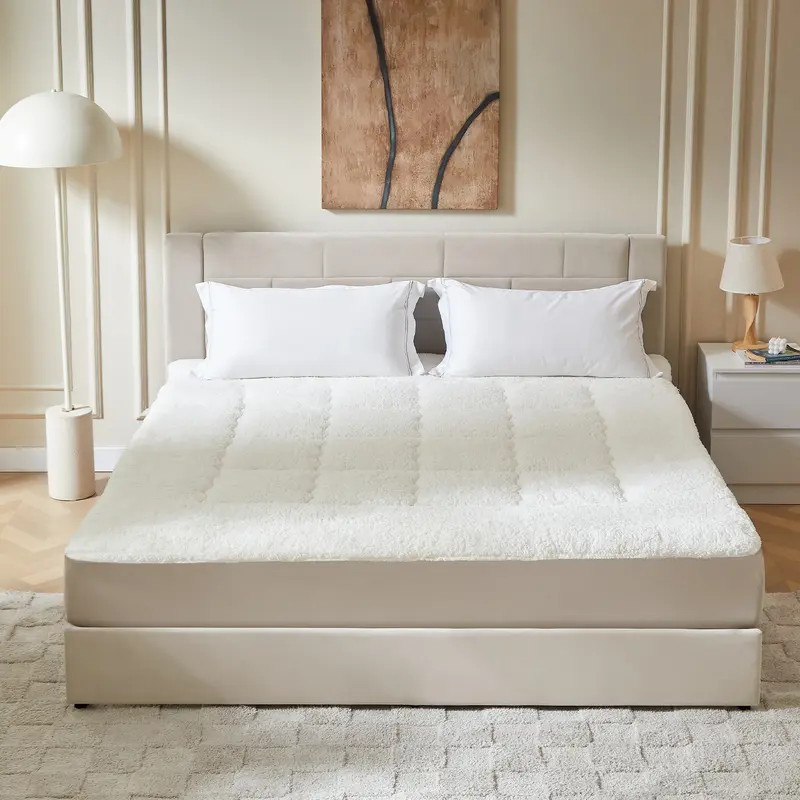 Pinmoco Queen Pillow-Top Mattress Pad & Protector - 2-Sided Brushed Fabric, Sherpa Warm-Retaining Layer, Antislip Straps, Machine Washable, 24h Fluff Expand, Padded Supportive, Spine-Aligning, Durable Stitching, Sleep Quality-Enhancing Bedding Solution, P