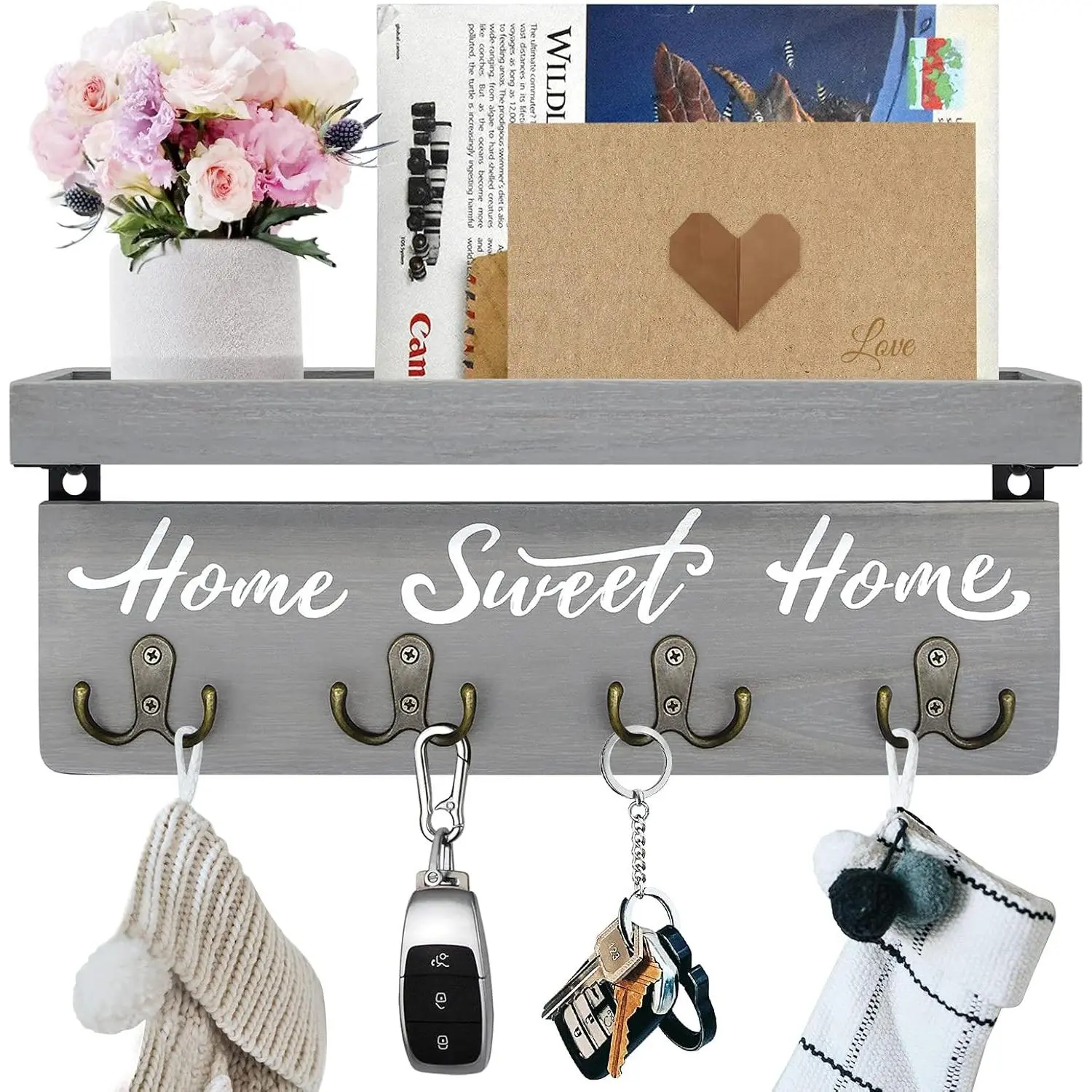 Key Holder Wall Mount with 4 Double Hooks-Solid  Wall-Mounted Organizer for &Mail Rustic Key Rack Hanger Holder Home Decor for Entryway Living Room (Gray)