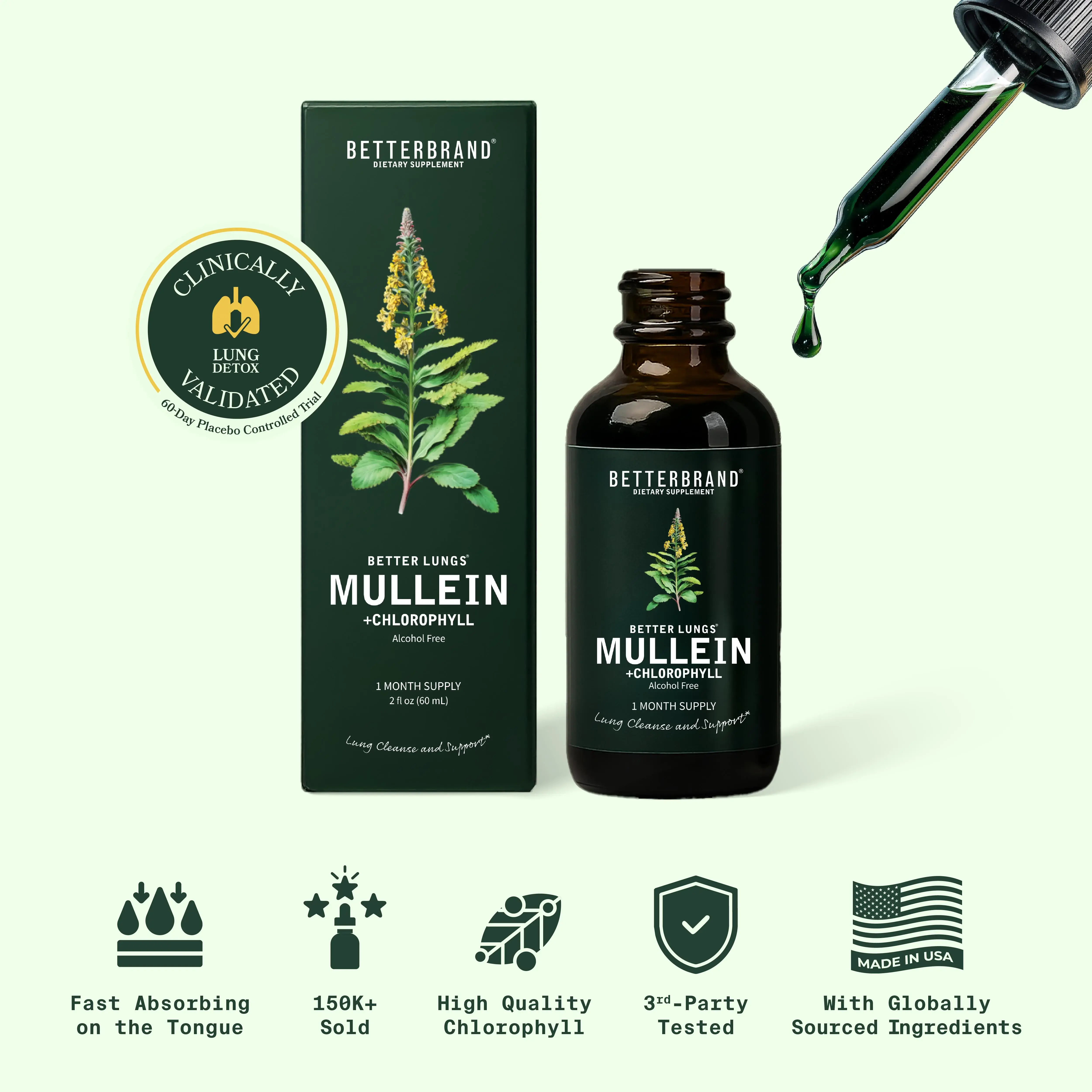 Betterbrand Mullein Leaf & Chlorophyll Drops for Lung Detox & Mucus Cleanse - 30 Servings - Clinically Studied Natural Liquid Herbal Supplement for Respiratory Wellness