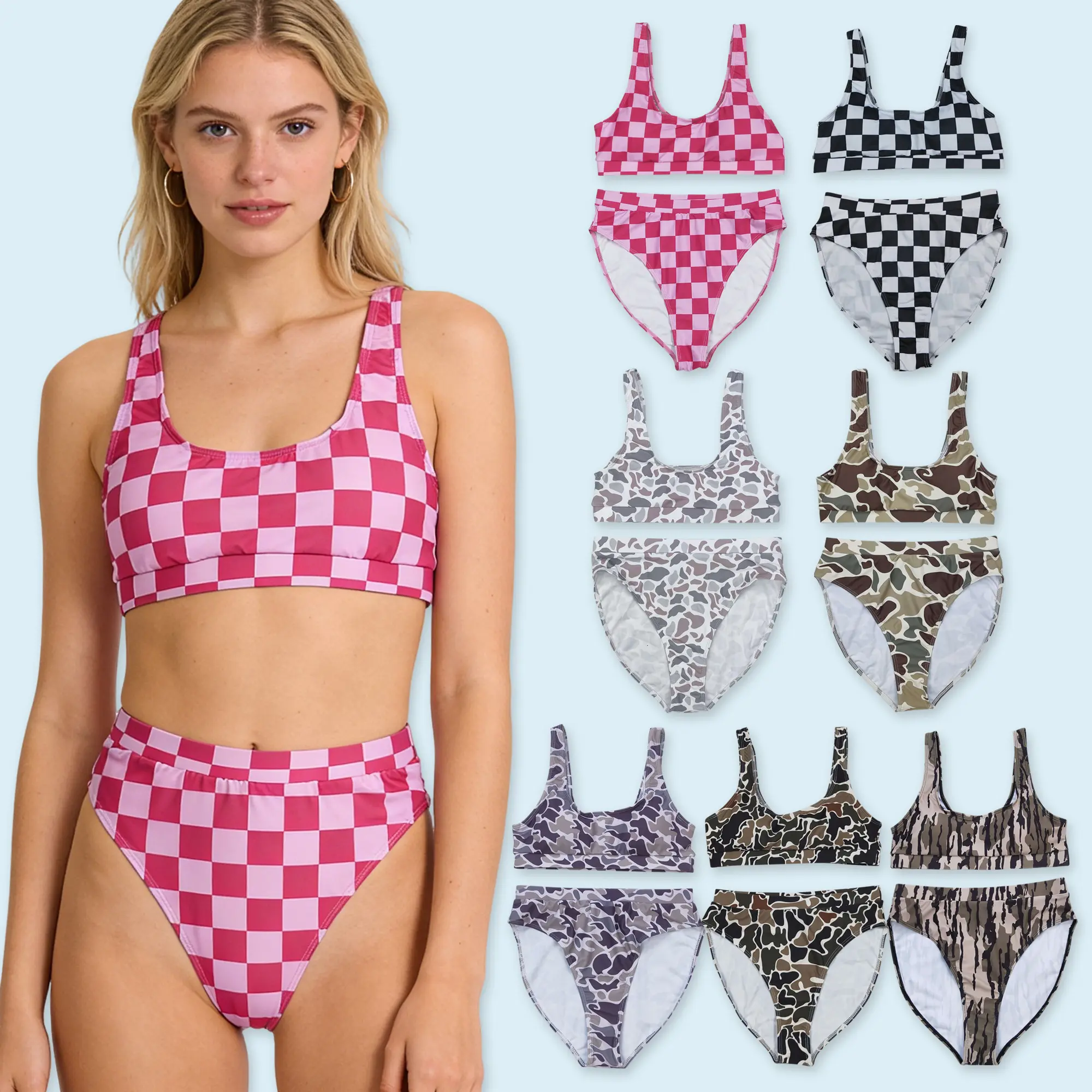 Women pink checkered swimsuit Women pink checkered swimsuit