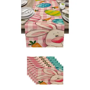 7-Piece Table Runner Set, Easter Bunny Placemats, Washable Cushion Covers, Kitchen Banquet Decorations, Home Dining Accessories