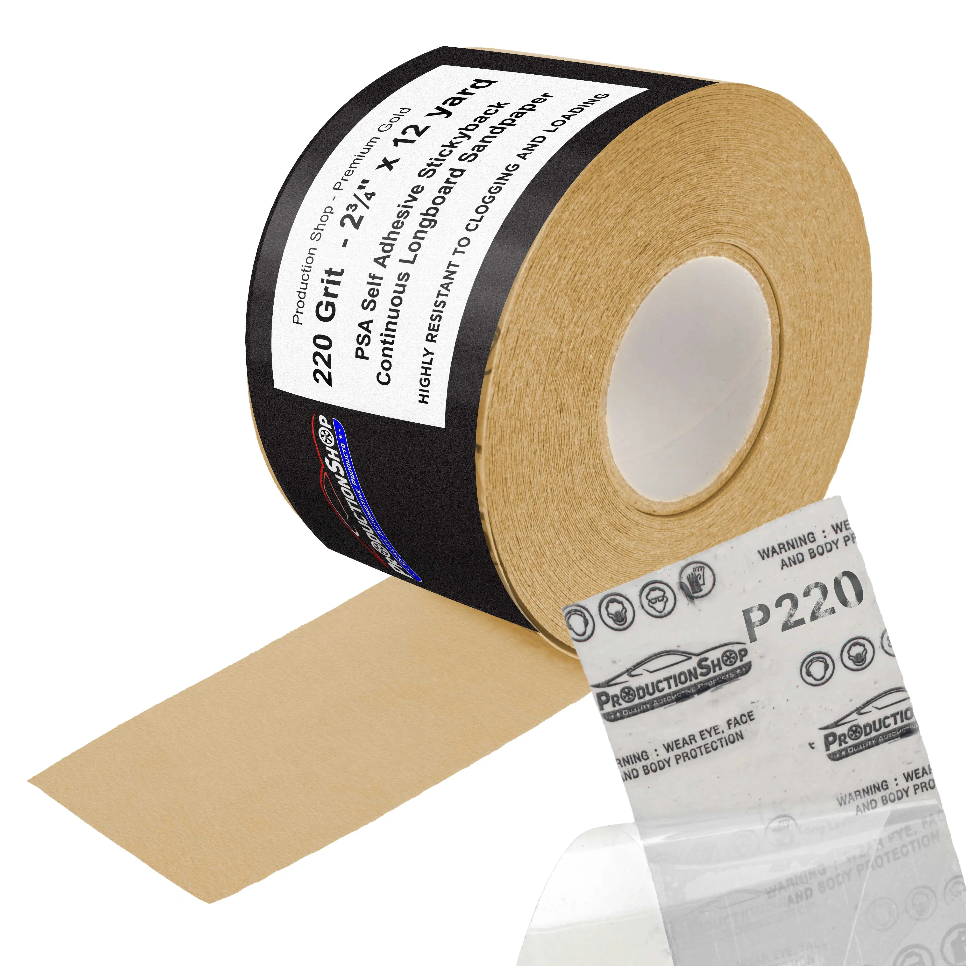 Premium 220 Grit PSA Gold Longboard Sandpaper, 2-3/4" Wide Continuous 12 Yard Roll - Self Adhesive Stickyback for Autobody Paint, Wood Air File Long Board Sanders, Hand Sanding Blocks