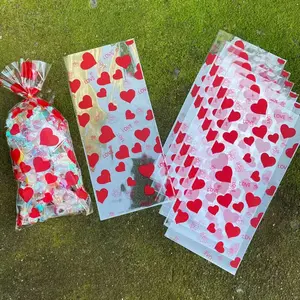 50pcs Heart Love Printed Gift Packaging Flat Pouches, Buckle, Valentine's Day Transparent Opp Bag, Couple Party Decorations, Gift Wrapping Supplies