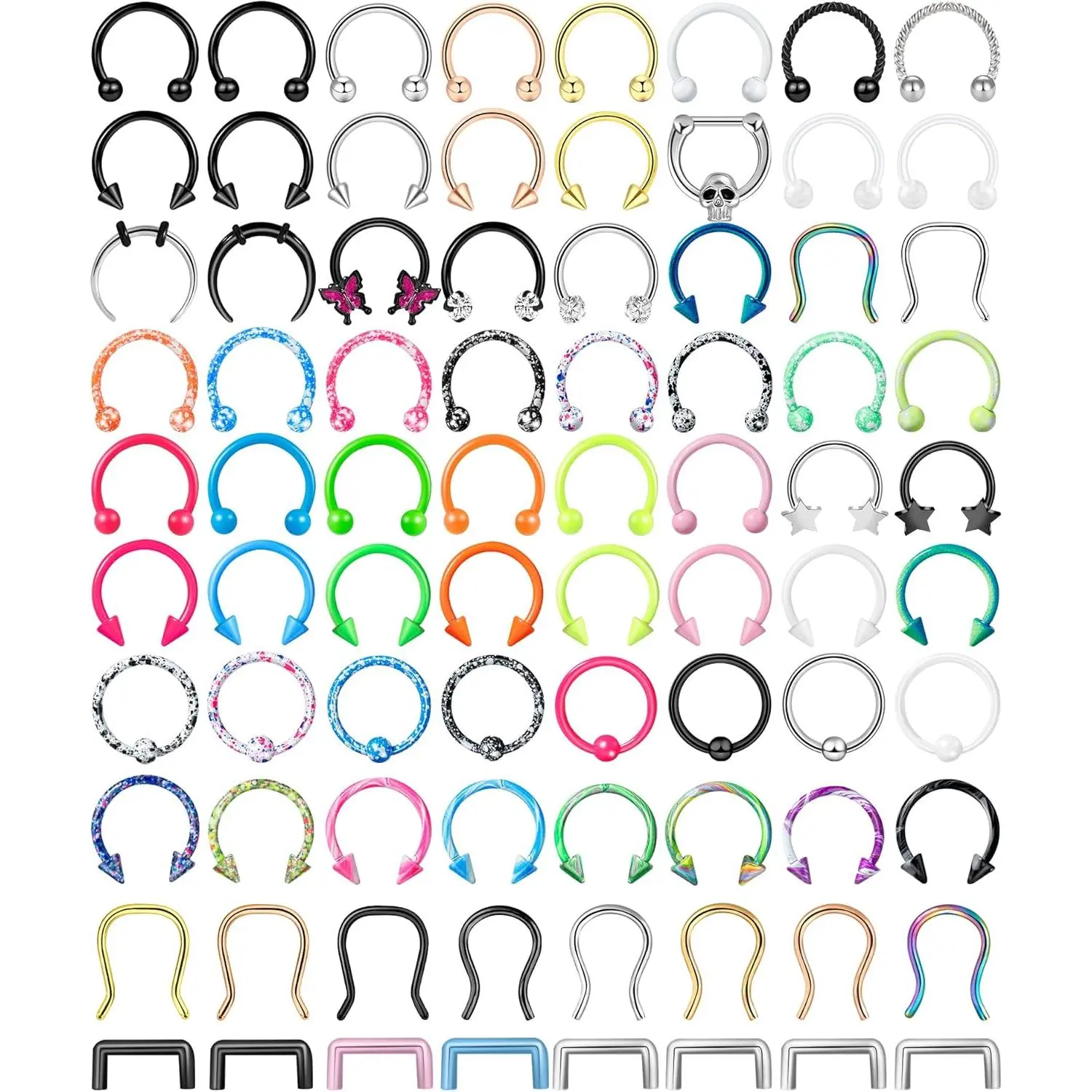 53-80 Pcs Septum Rings 16G All-in-One Kit Stainless Steel Horseshoe Nose Hoops, Lip, Tragus & Cartilage Earrings for Women Men (10mm)