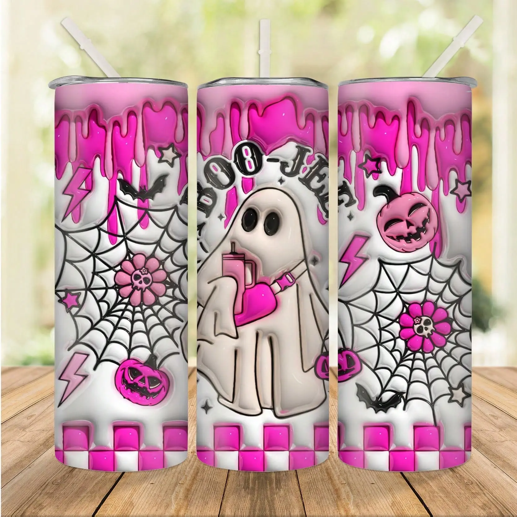 1pc 20oz Portable Stainless Steel Insulated Halloween Tumbler Water Bottle, Airtight Lid Drinkware With Straw, Ghost-Pumpkin-Spiderweb-BOO JEE Designs, Rust-Resistant For Camping-Dining, Halloween Party Gift For Family
