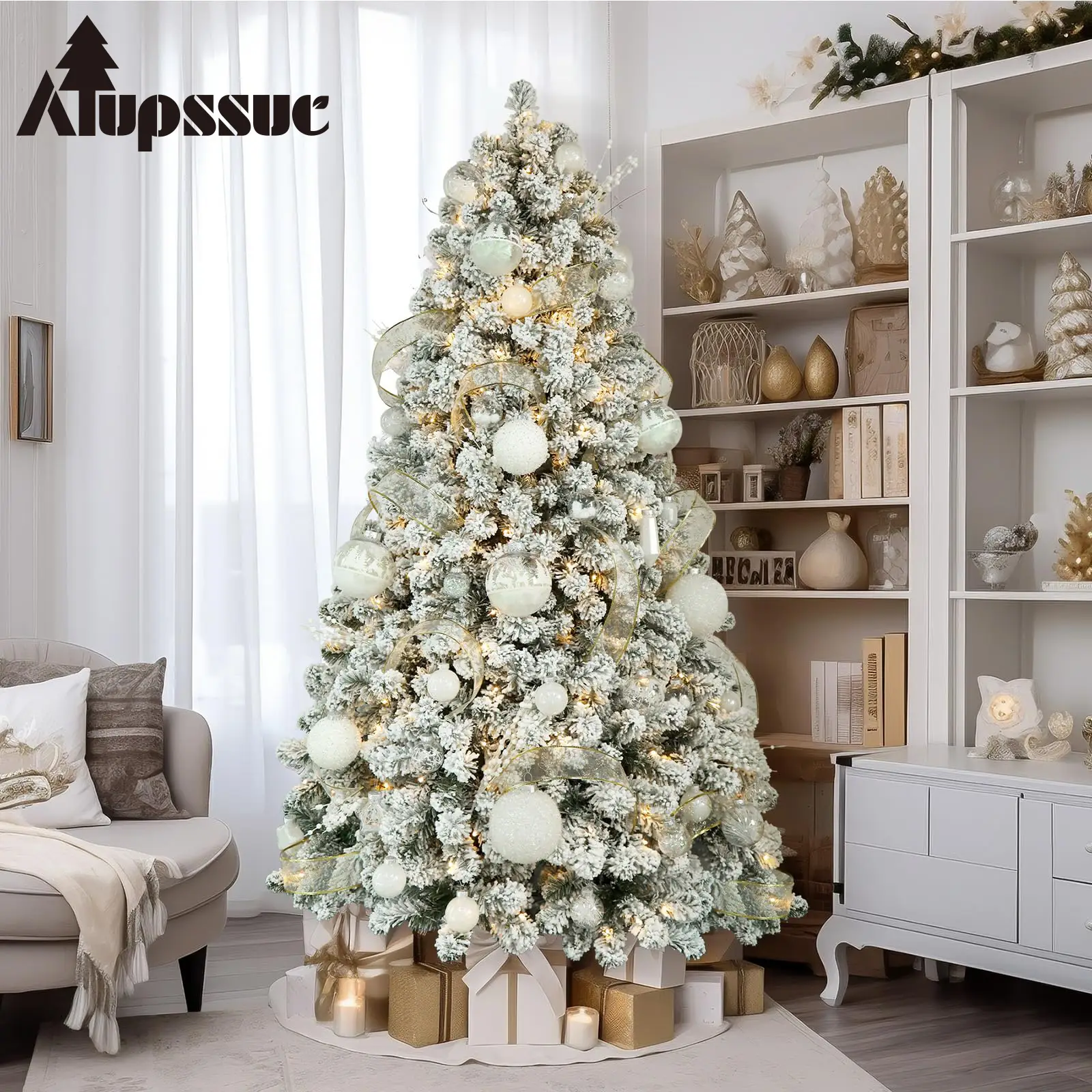Alupssuc 2025 Trending Flocked Christmas Tree Pre-Lit with Warm White Lights, Foldable Stand, Perfect for Home & Party Decoration!