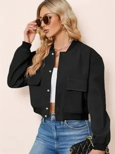 New Stand Collar Casual Women's Short Top, Large Pocket Gender Neutral Jacket Coat, Fitted Woven Fabric, Stylish and Comfortable, Outerwear