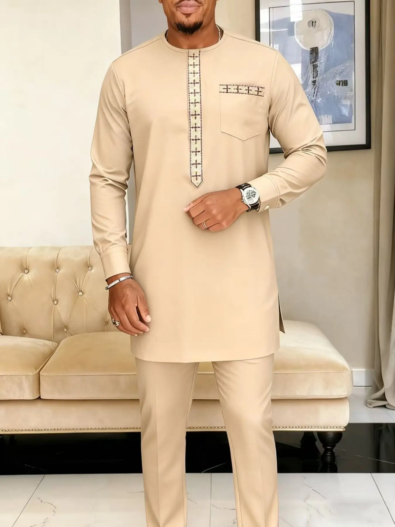 Men's Muslim Style Modesty Kaftan Set Kurta, Round Neck Long Sleeve Embroidery Design, Classy Tops, H Type Silhouette, Versatile Casual African Clothing for Weddings Festivals Business Fasting Gifts All Season Top
