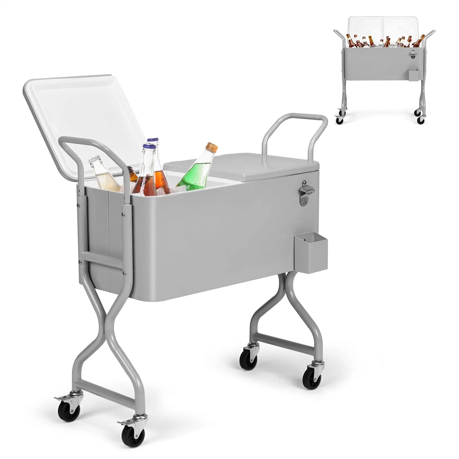 80 Qt Plastic and Stainless Steel Hard Cooler with Wheels and Handle - Portable Wood Grain Outdoor Beverage Cart, Heat-Insulating, Shelf, Bottle Opener, Easy Assembly, Water Draining, Ideal for Camping, Sports and Leisure