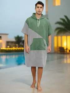 Men's Swimming Towel Beach Scarf, Colorblock Hooded Changing Cape, Home and Beach Two-In-One Drawstring Hooded Poncho