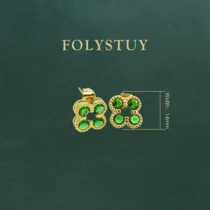 [FOLYSTUY (C0074/C0075/C122/C123/C124)] Earrings featuring a four-petal flower design, adorned with green/white gemstones. These are fashionable accessories suitable for both men and women, and make great gifts.