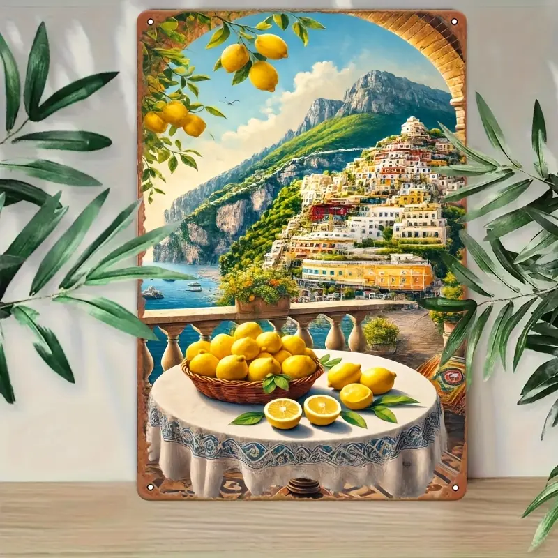 Metal Tin Signs 2D Flat, 2D Wall Art - Italian Postitano Lemon Style - Vintage Metal Tin Painting, Art Decoration, 2D, Easy Installation, 7.8x11.8 Inch, Indoor and Outdoor Hanging Iron Plate Painting for Home, Bedroom, Office, Study, Restaurant, Bar, Cafe