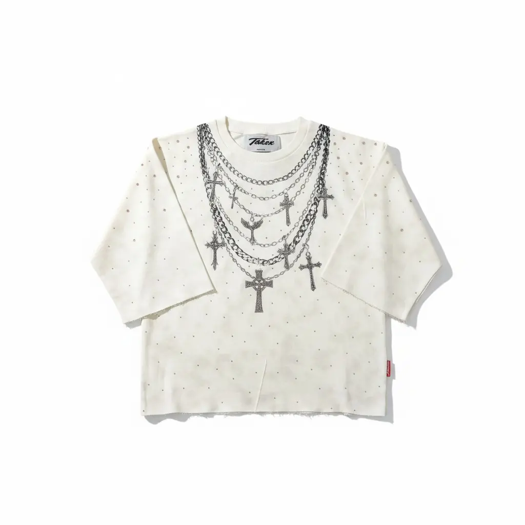 Taker T5224 Rise and Grind Raw edge Rhinestone cropped Tee (Cream)