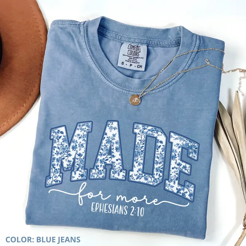 Comfort Colors Vintage Made For More Ephesians 2:10 Tee Christian Bible Verse Shirt, Floral Jesus Quote T-shirt, Women's Print Short Sleeve Shirts