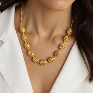 YM Vintage Style 18K Gold Plated-Tone Openwork Jewelry Set Oval Bead Link Design 3-Piece Set Long Necklace Dangle Earrings Statement Ring Unisex Versatile Premium Quality