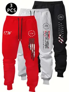 American Patriotic Casual Streetwear Pants Set, with Graphic 1776 Print, Vintage American Flag & We the People Slogan, Elastic Waist Drawstring