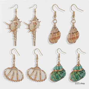 Women's Boho Gold Cowrie Shell Drop Earrings Set, Tropical Conch Dangle, Hypoallergenic Ocean Sea Shell Jewelry Gift for Summer Beach Vacation Sports & Outdoor Accessory