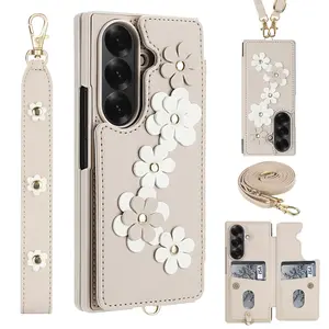 Galaxy Z Fold Case Cover with Card Holder Wallet, Floral Design, Magnetic Stand, Shockproof Protection, Crossbody Style for Women Accessories