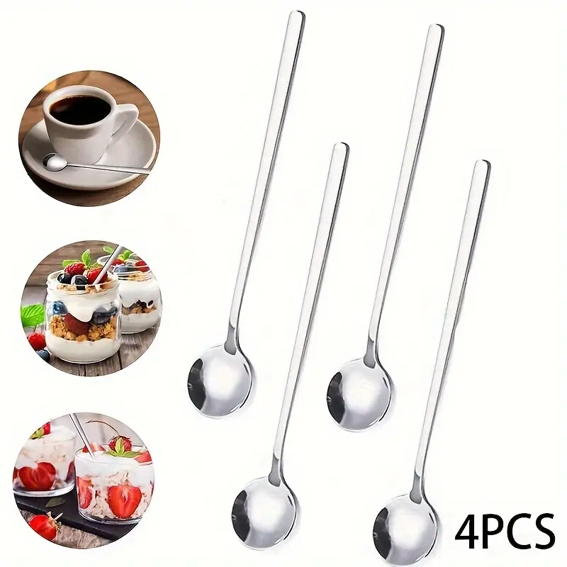 4PCs Coffee Spoon, Silver Caddy Spoon Long Handle, Stirring Spoon, Silver Spoon, Food Grade Stainless Steel Silver Spoon, Stirring Spoon