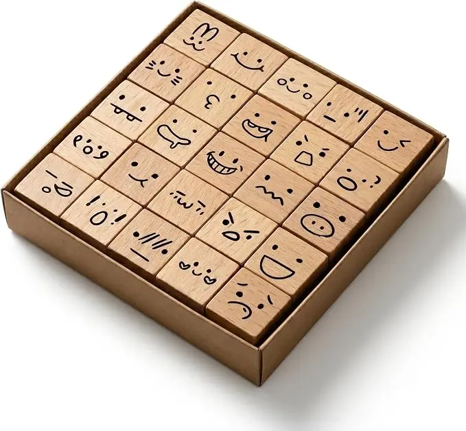 25 Pcs Mood Expression Wooden Rubber Stamps - Decorative Emoticon Icon Stamp Set for DIY Planner, Journaling, Scrapbooking, Aesthetic Stationery & Custom Card Making