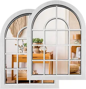 2PCS Arched Window Wall Mirror Rustic Farmhouse Accent Decor Wood Framed Entry for Living Room Bathroom Bedroom Kitchen 15.7x11.8 Inches