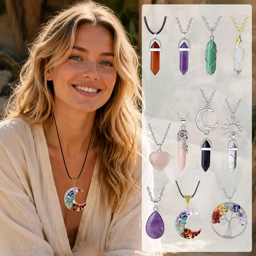 11Pcs Crystal Necklaces for Women Witchy Jewelry Spiritual Gift, Crystals Necklace Set Evil Eye Necklace Boho Jewelry for Women, Chakra Hippie Pendant Beach Jewelry Gifts for Women